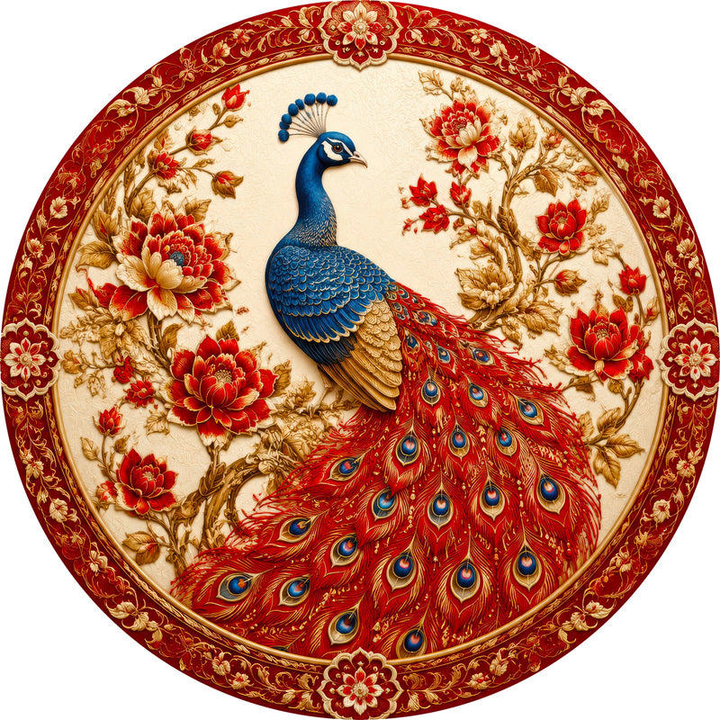 Crimson Blossom Peacock Round Glass Wall Art