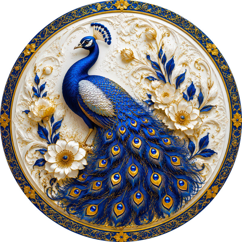 Ivory Sapphire Peacock Round Glass Wall Art