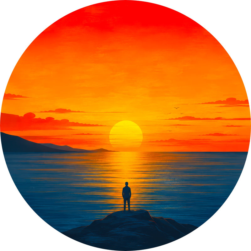 Solitary Sunset Vigil Round Glass Wall Art