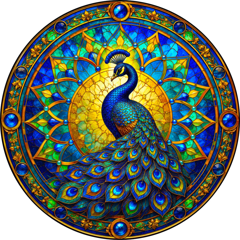 Emerald Stained Glass Peacock Round Glass Wall Art