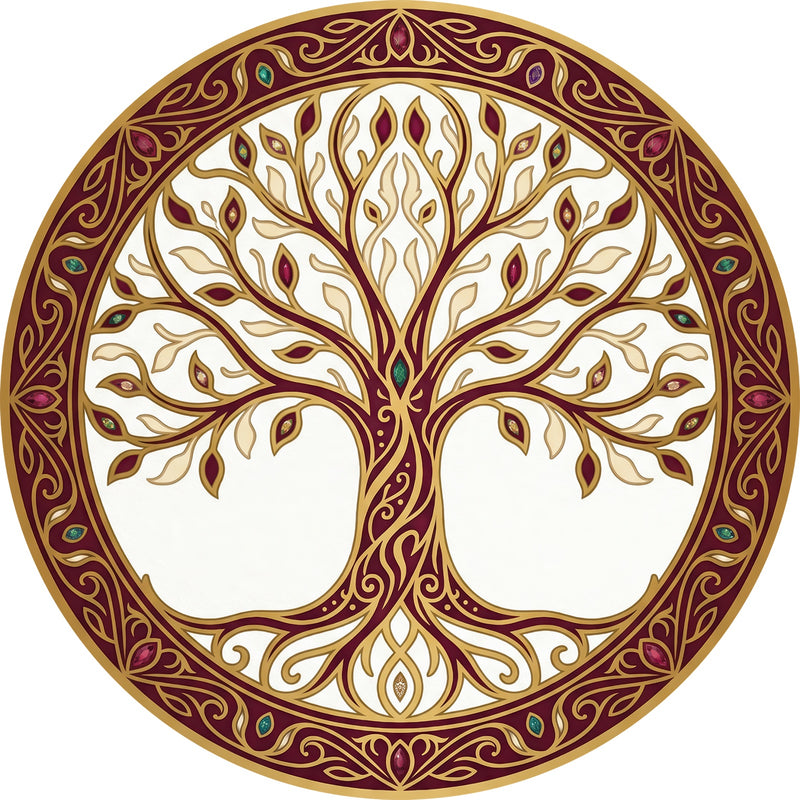 Jewelled Burgundy Tree Of Life Round Glass Wall Art