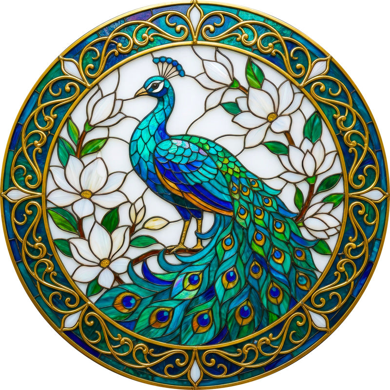 Peacock In Magnolia Round Glass Wall Art