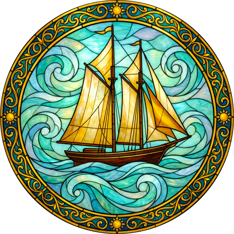 Golden Sails Round Glass Wall Art