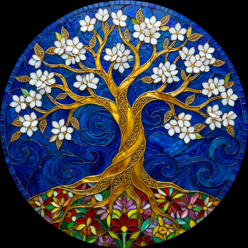 Moonlit Blossom Tree Round Glass Wall Art