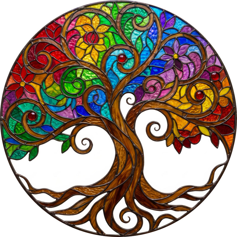 Whimsical Rainbow Tree Round Glass Wall Art