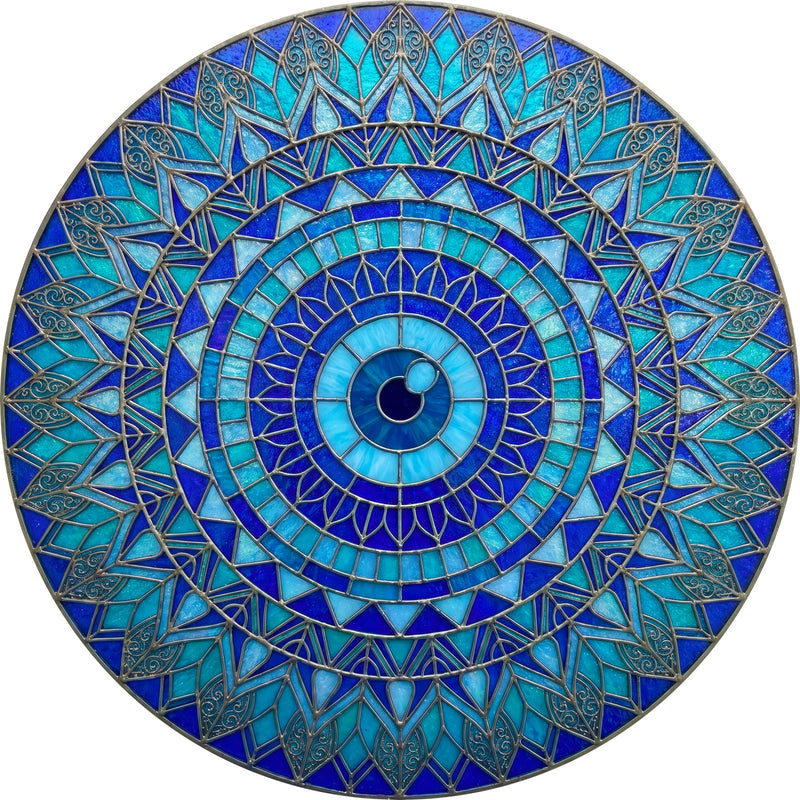 Azure Lotus Mandala Round Glass Wall Art
