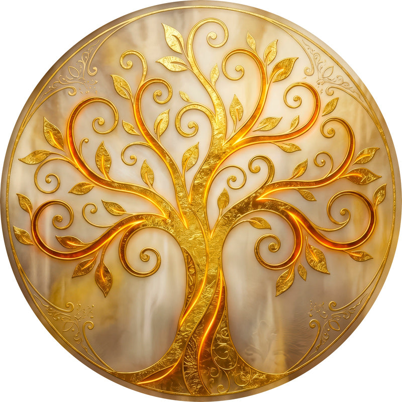 Ivory Golden Tree Round Glass Wall Art