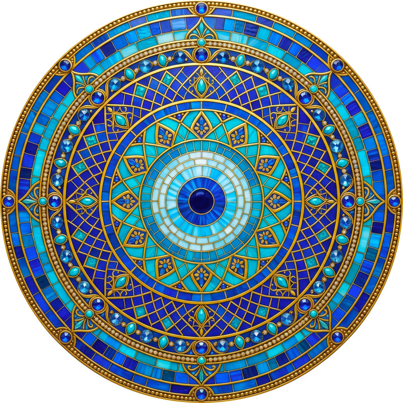 Sapphire Celestial Mandala Round Glass Wall Art