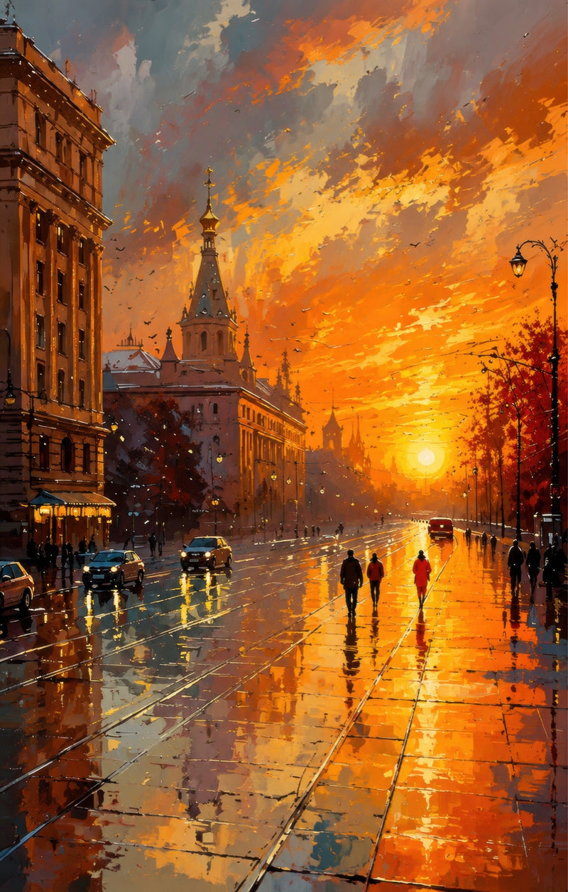 Rainy City Sunset Glass Wall Art
