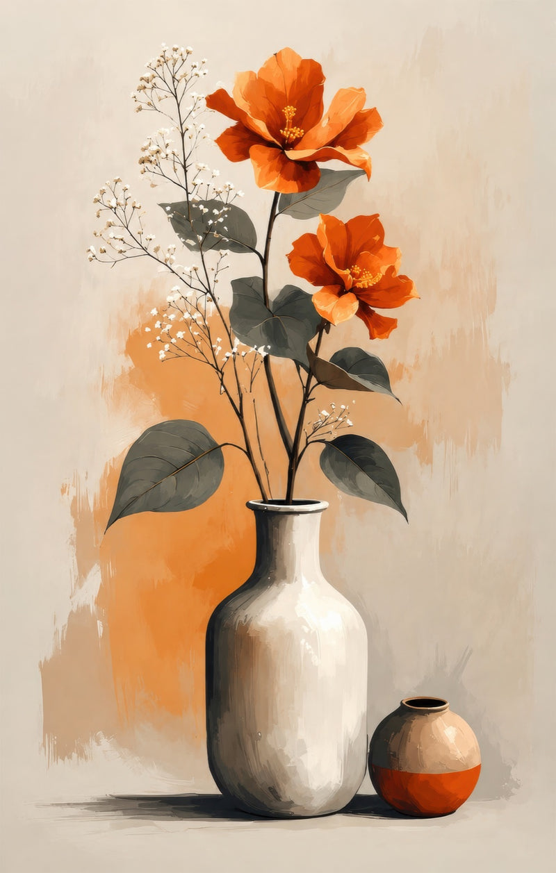 Orange Flowers and Vases Glass Wall Art