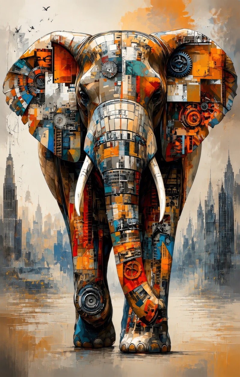 Mechanical City Elephant Glass Wall Art
