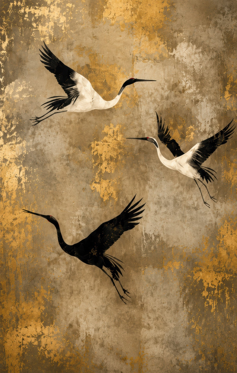 Golden Crane Flight Glass Wall Art