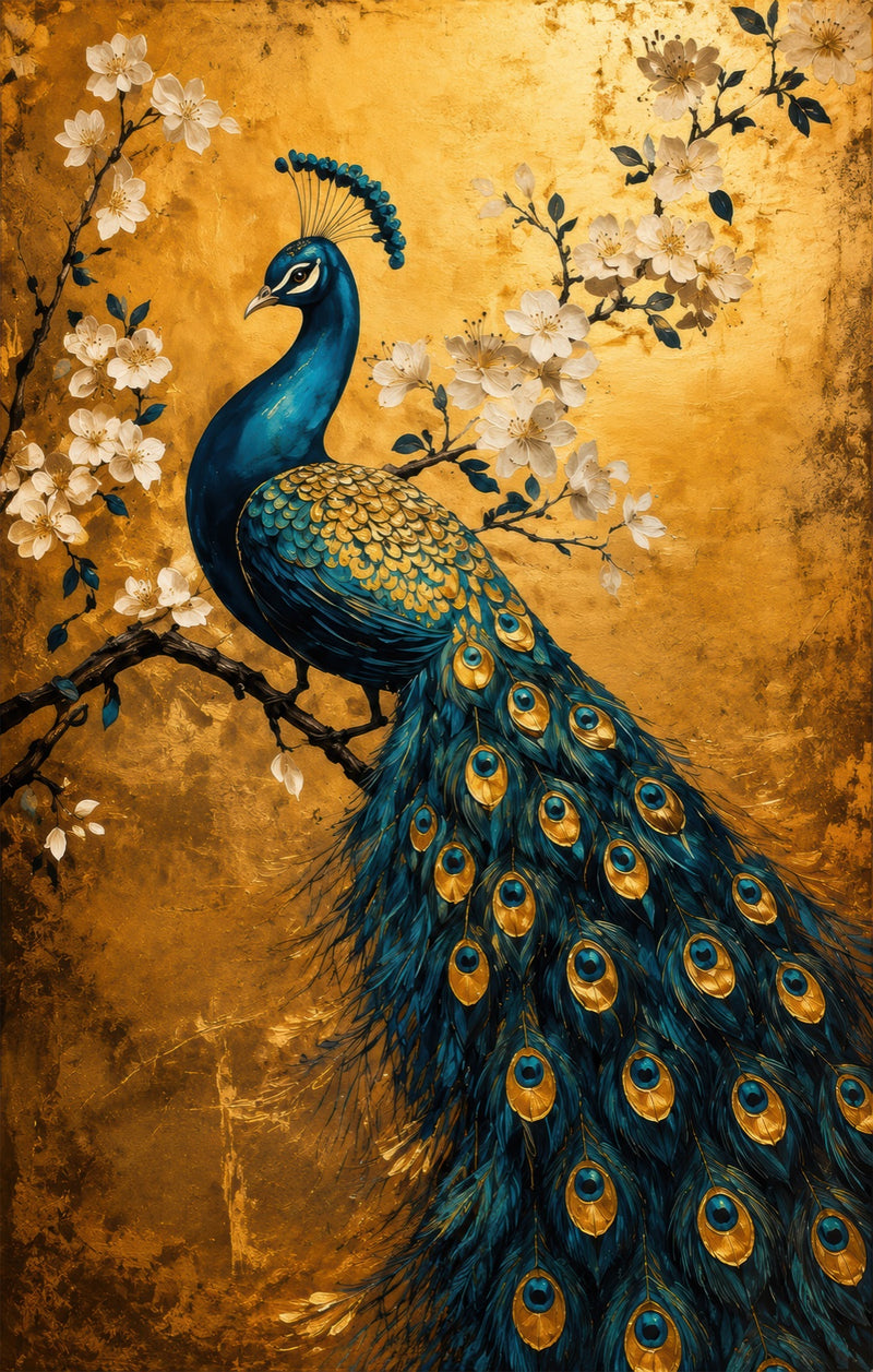Golden Peacock Garden Glass Wall Art