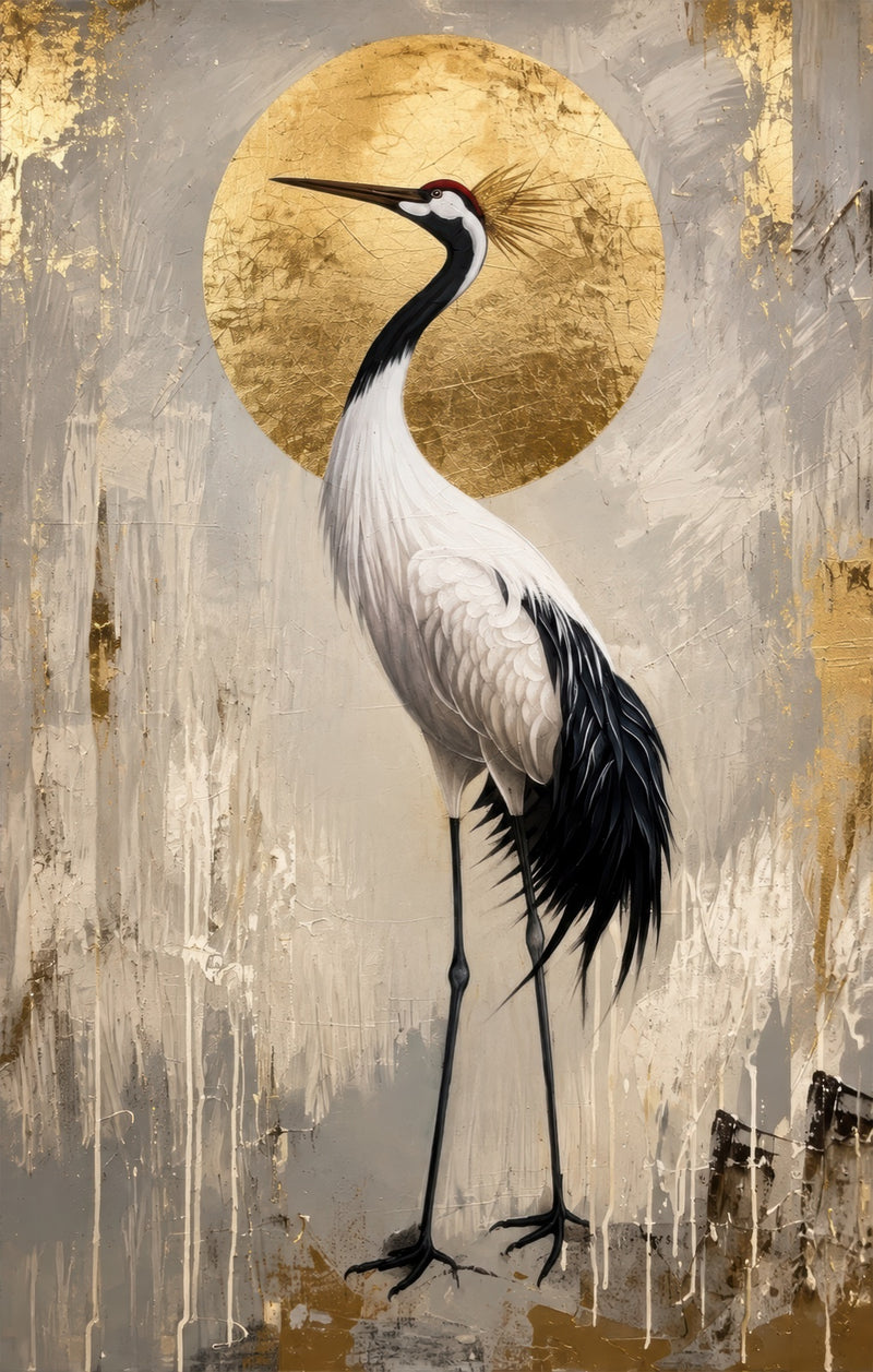 Crane Before Golden Sun Glass Wall Art