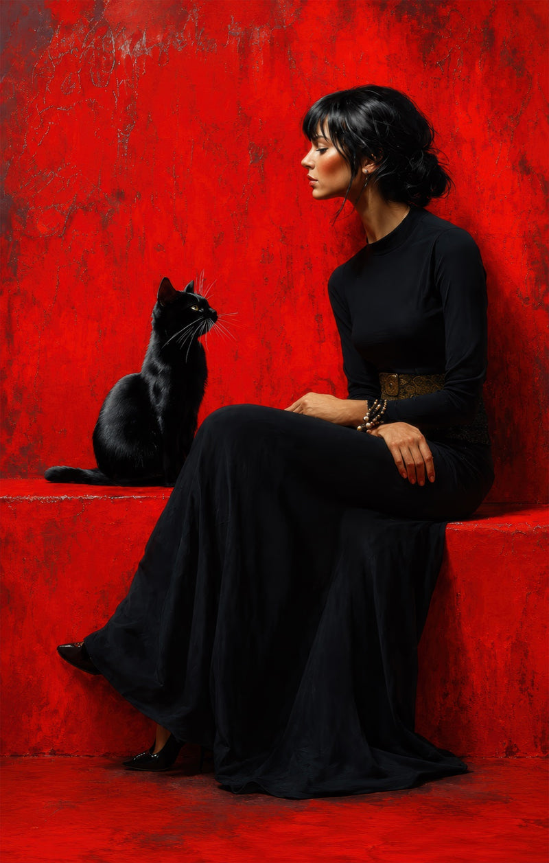 Lady And Black Cat Glass Wall Art
