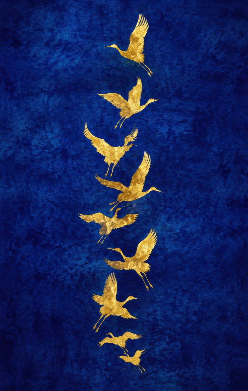 Golden Cranes In Flight Glass Wall Art