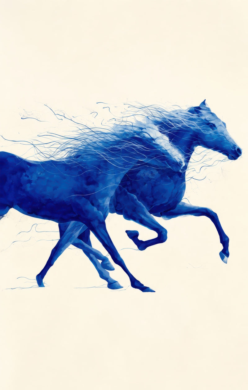 Blue Horses in Motion Glass Wall Art