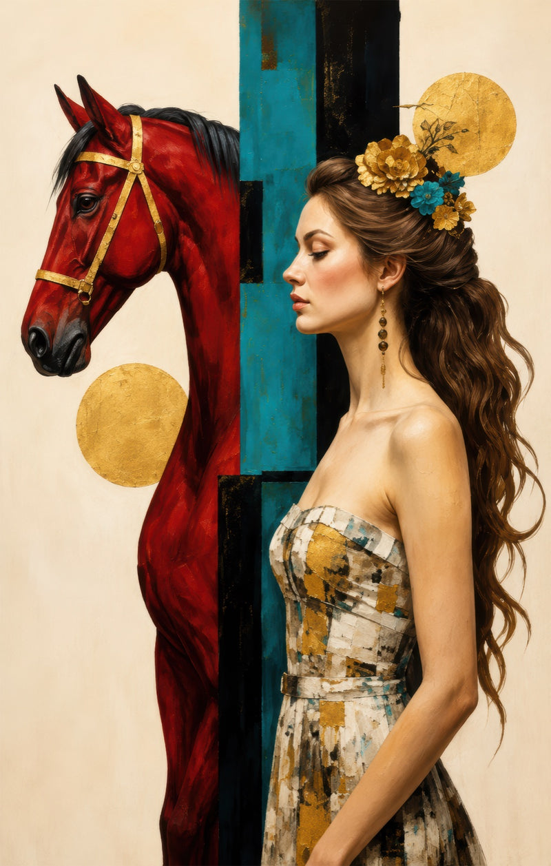 Crimson Horse and Muse Glass Wall Art
