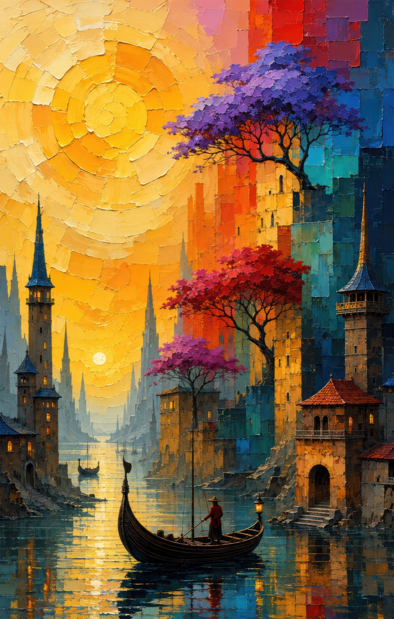 Golden Canal City Glass Wall Art
