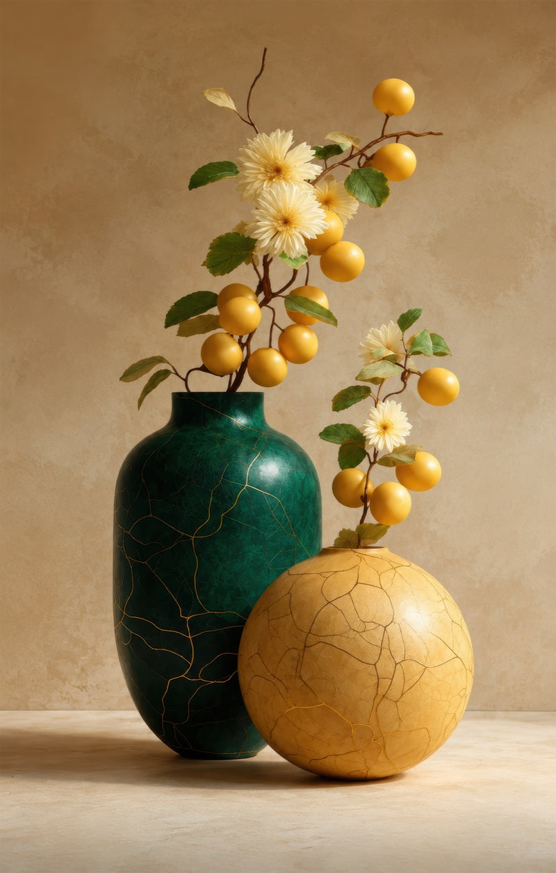 Golden Fruit Still Life Glass Wall Art
