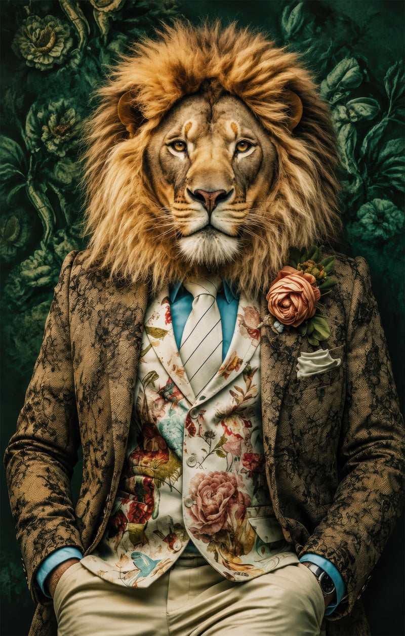 Floral Gentleman Lion Glass Wall Art
