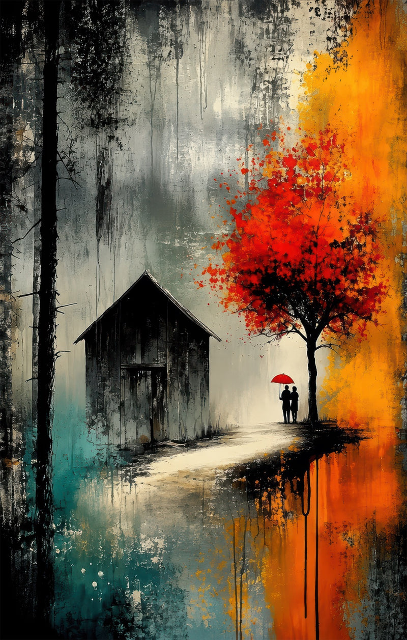 Couple Beneath Autumn Tree Glass Wall Art