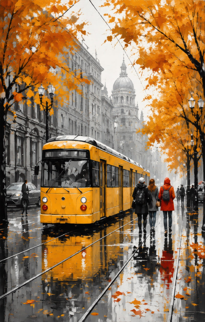 Yellow Tram in Rain Glass Wall Art