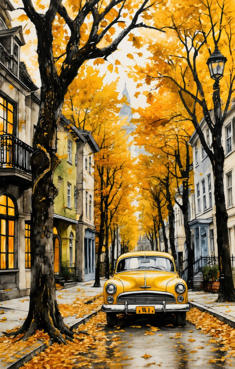 Yellow Car Autumn Street Glass Wall Art