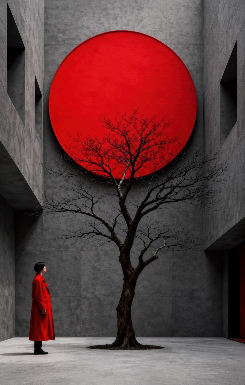 Red Sun Courtyard Glass Wall Art