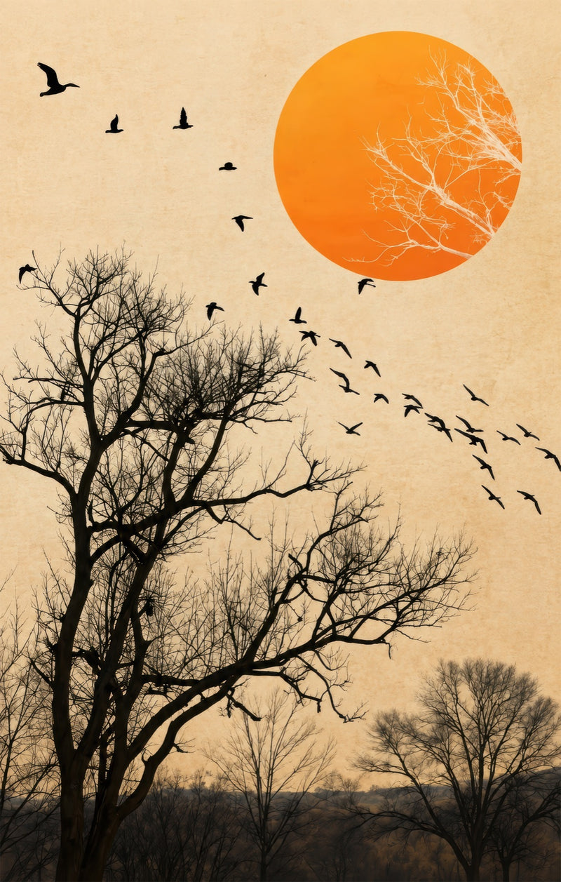 Birds Across Orange Sun Glass Wall Art