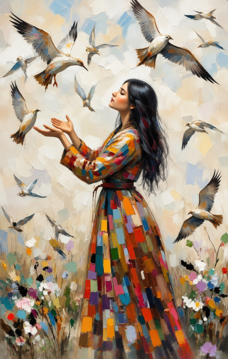 Woman Among Flying Birds Glass Wall Art