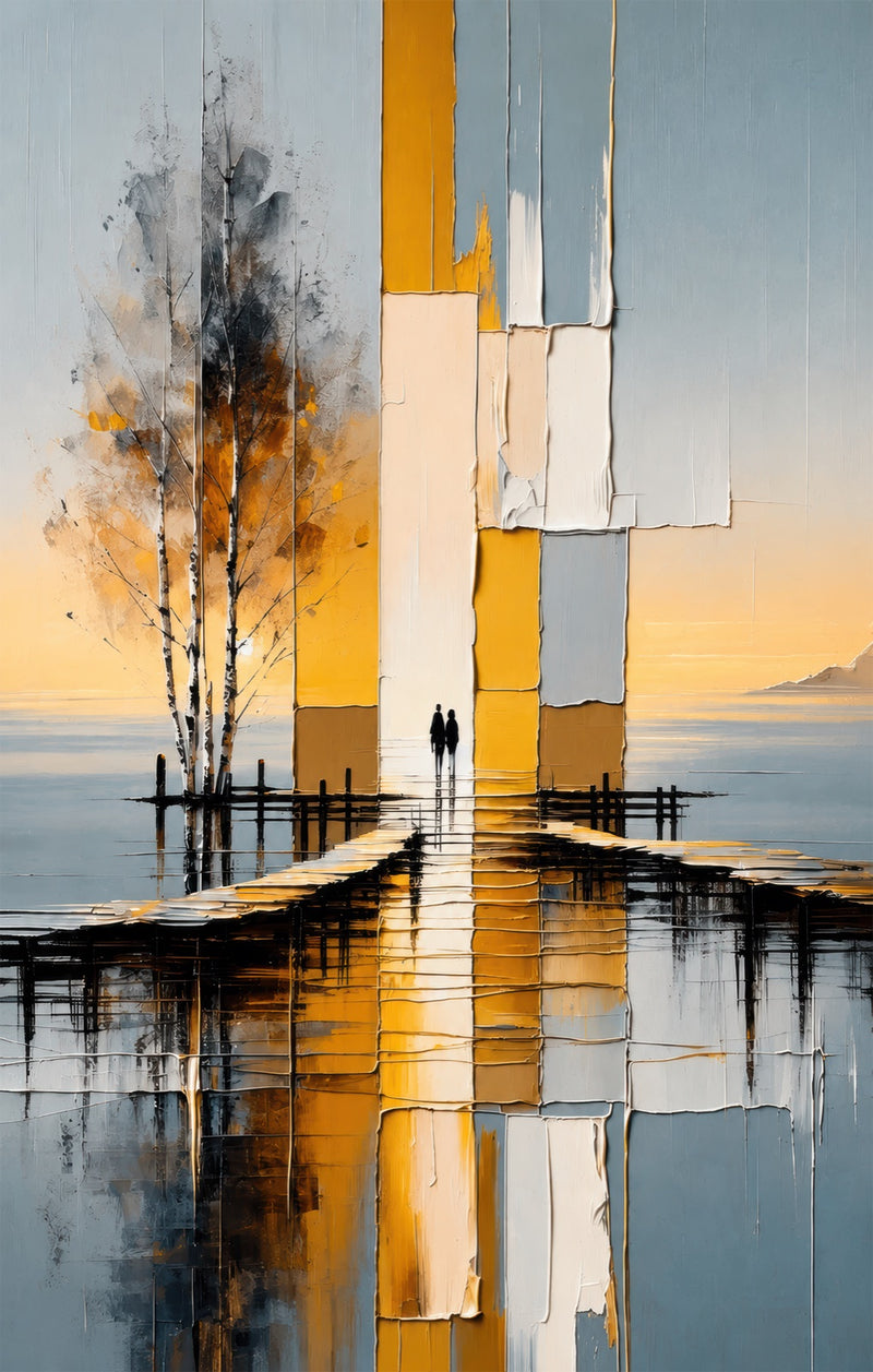 Golden Abstract Waterfront Glass Wall Art