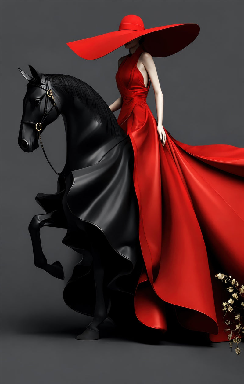 Red Gown Horsewoman Glass Wall Art