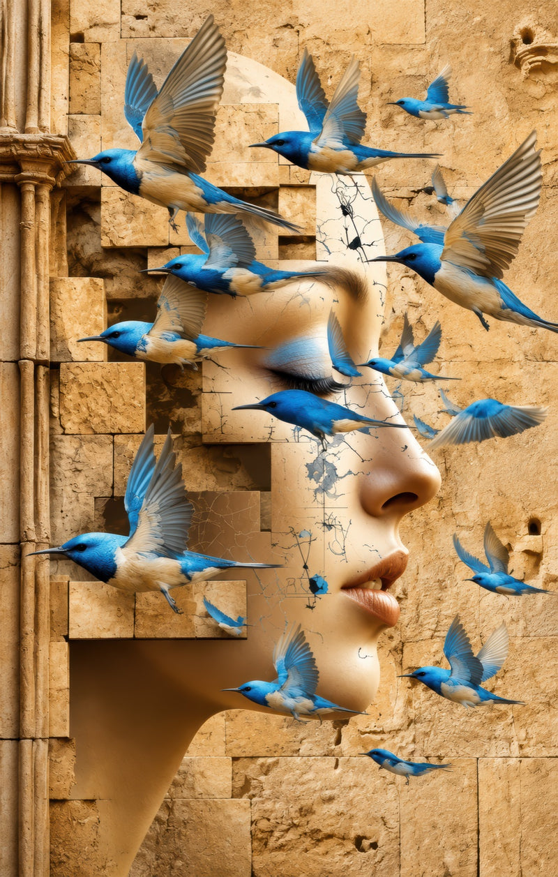 Blue Birds Of Imagination Glass Wall Art