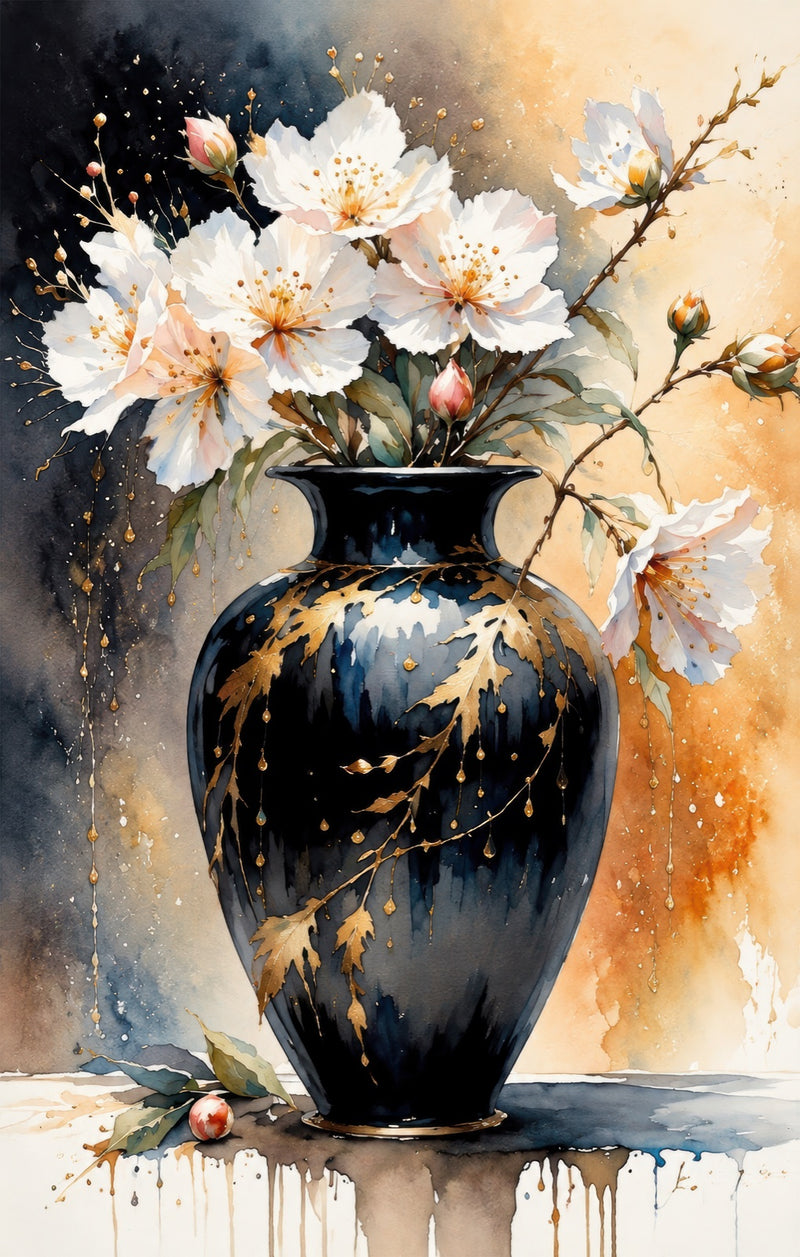 Blossoms in Black Vase Glass Wall Art