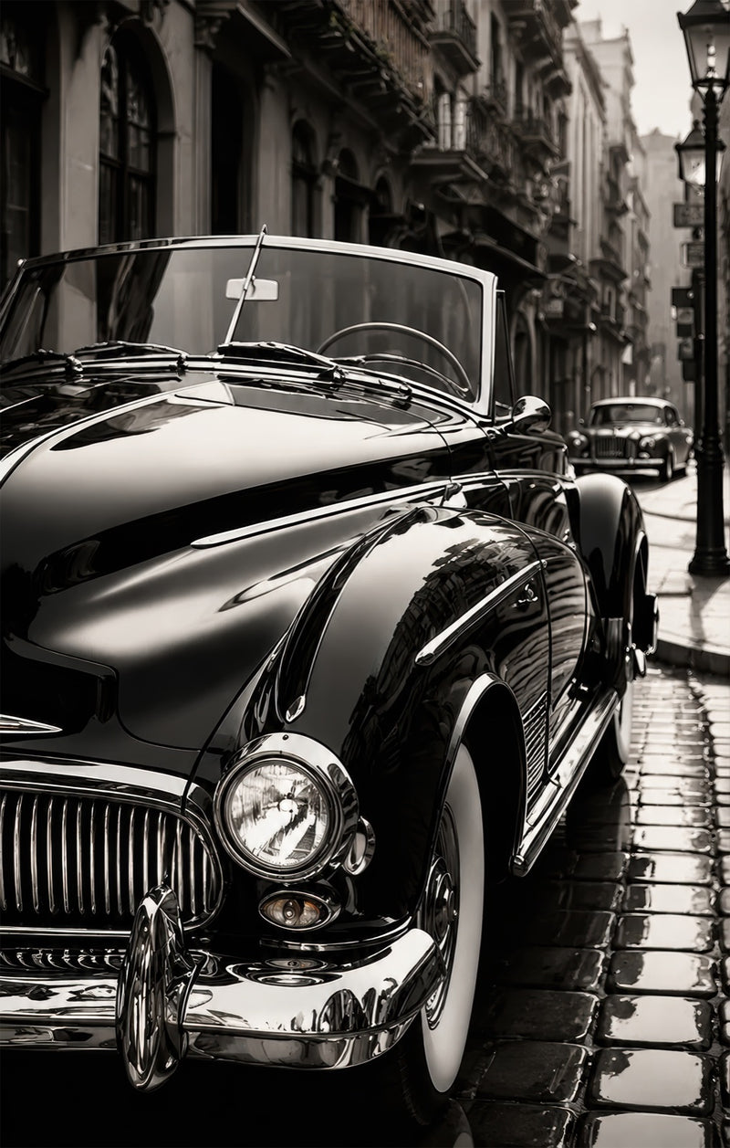Classic Roadster In The Rain Glass Wall Art