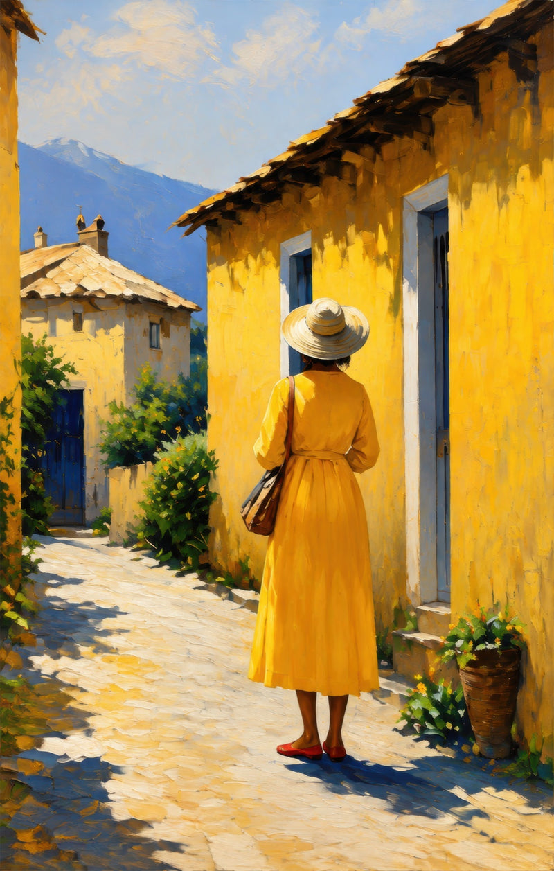 Woman in Yellow Street Glass Wall Art