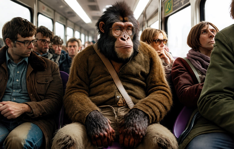 Chimpanzee Train Commuter Glass Wall Art