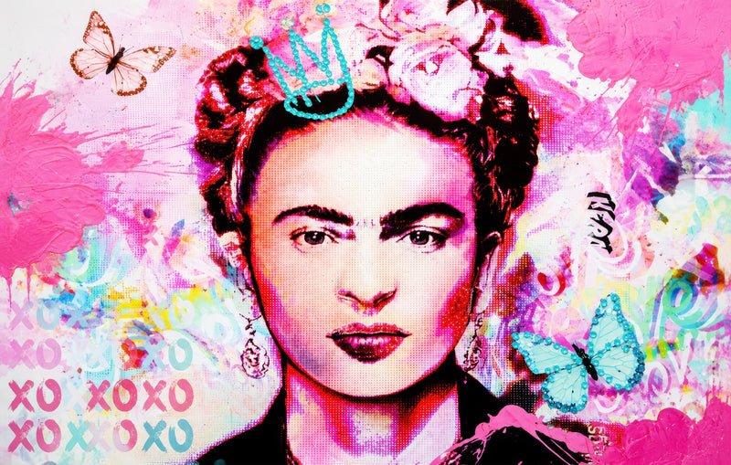 Frida Butterfly Pop Portrait Glass Wall Art