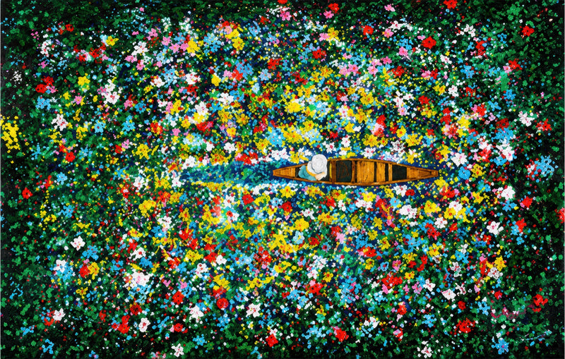 Boat Through Flower Field Glass Wall Art