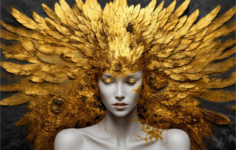 Golden Feather Goddess Glass Wall Art