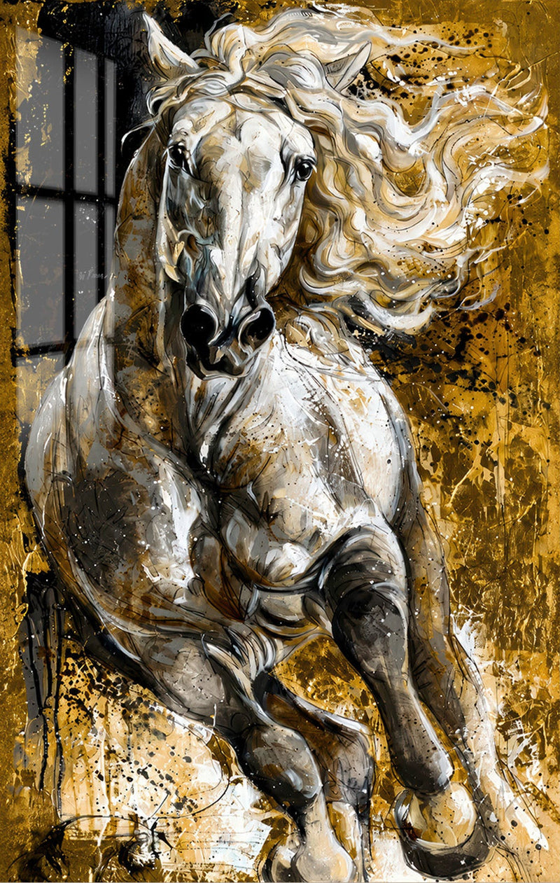 Golden White Stallion Glass Wall Art