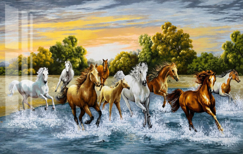 Horses Running Through Water Glass Wall Art