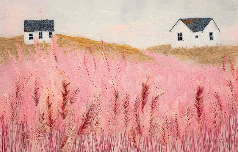 Pink Meadow Houses- Abstract Tempered Glass Wall Art