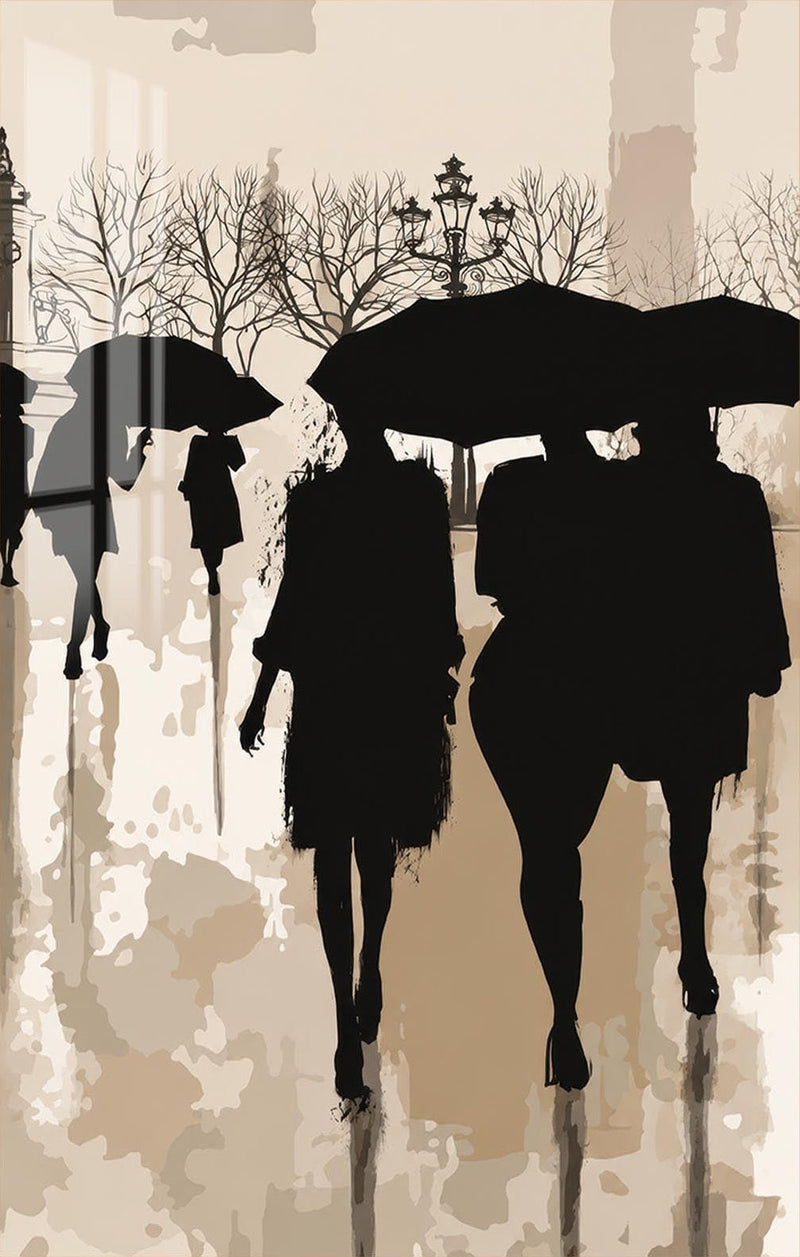 Rainy City Stroll Glass Wall Art