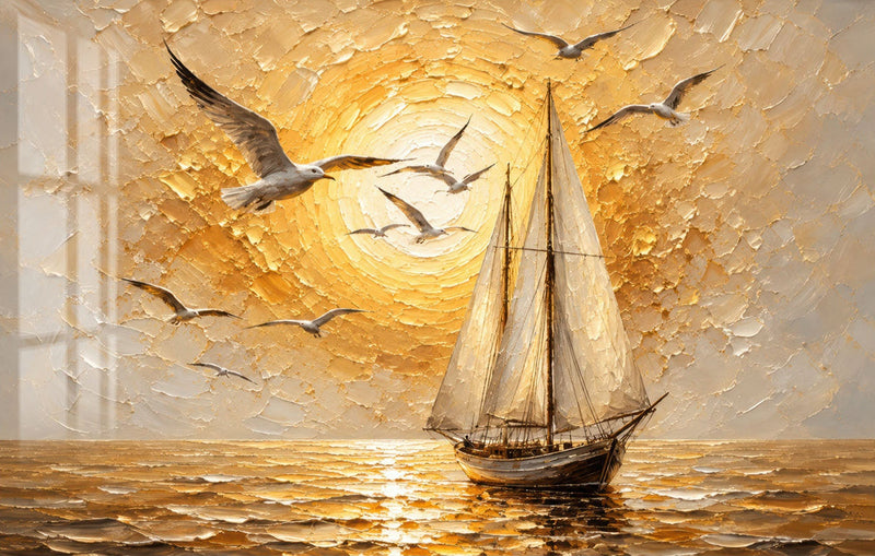 Golden Sunset Voyage Glass Wall Art