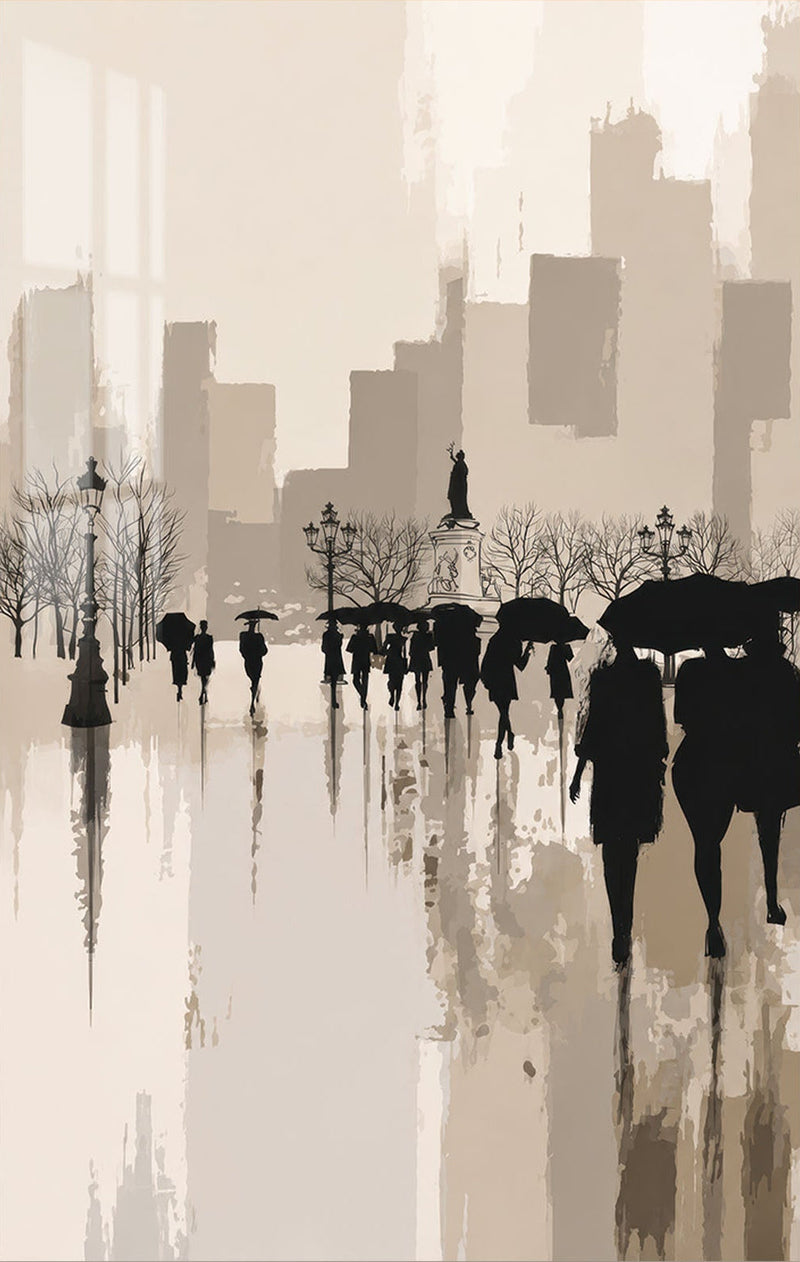 Rainy City Promenade Glass Wall Art