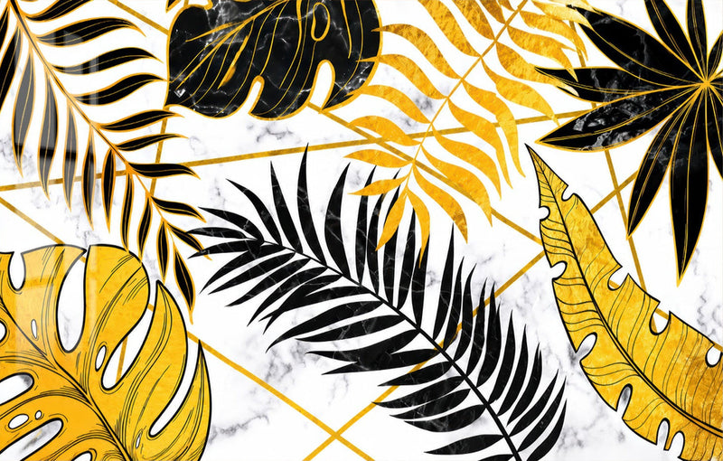 Gold and Black Tropical Leaves Glass Wall Art