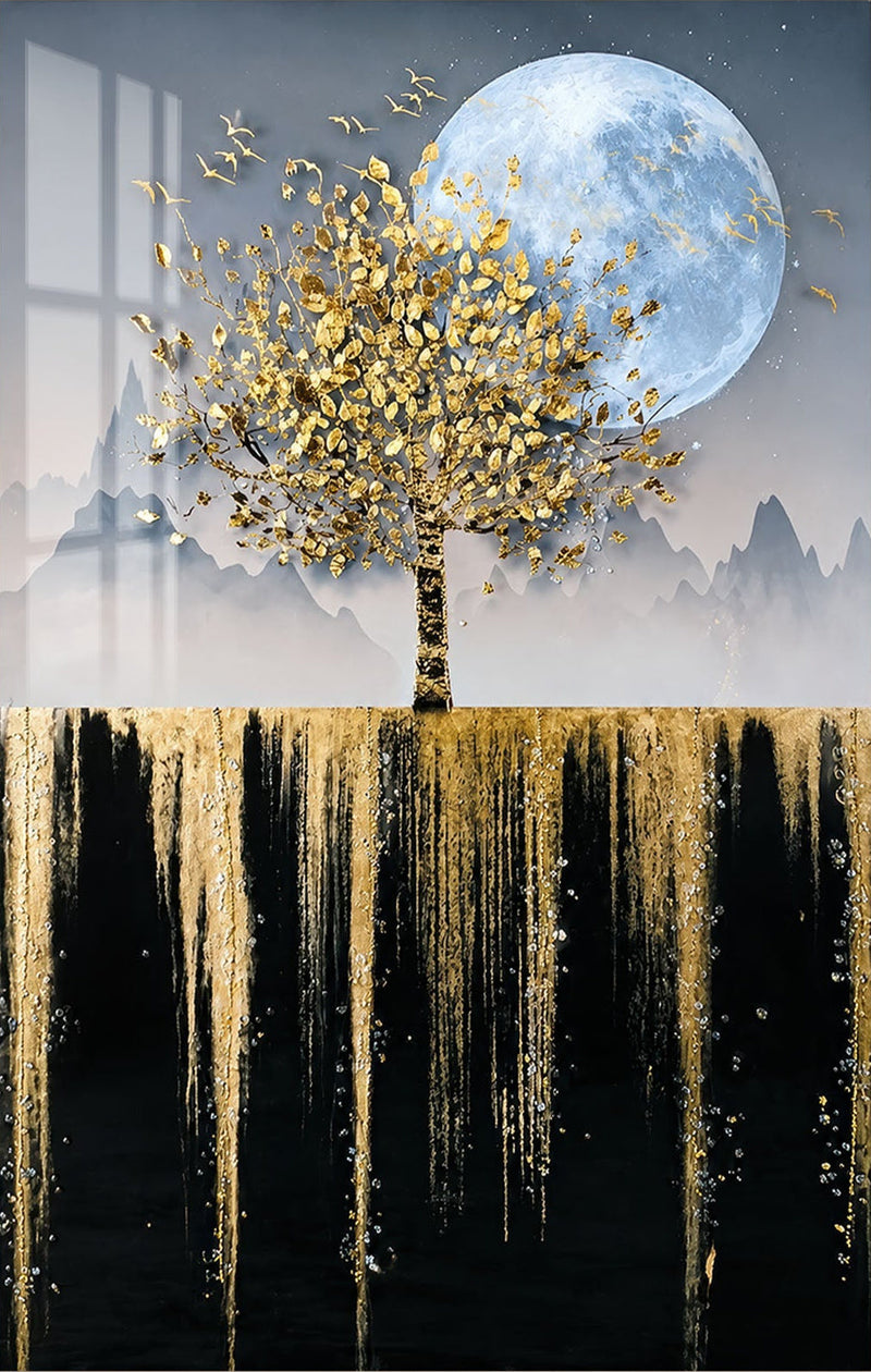 Moonlit Golden Tree Glass Wall Art