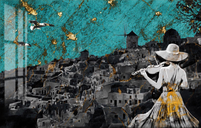 Violinist Over Santorini Glass Wall Art